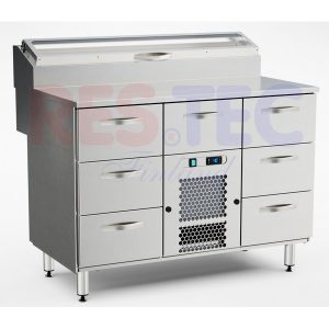 Pizzatyöpöytä 1200x800x900 mm, kylmäkaukalo, 7 laatikkoa