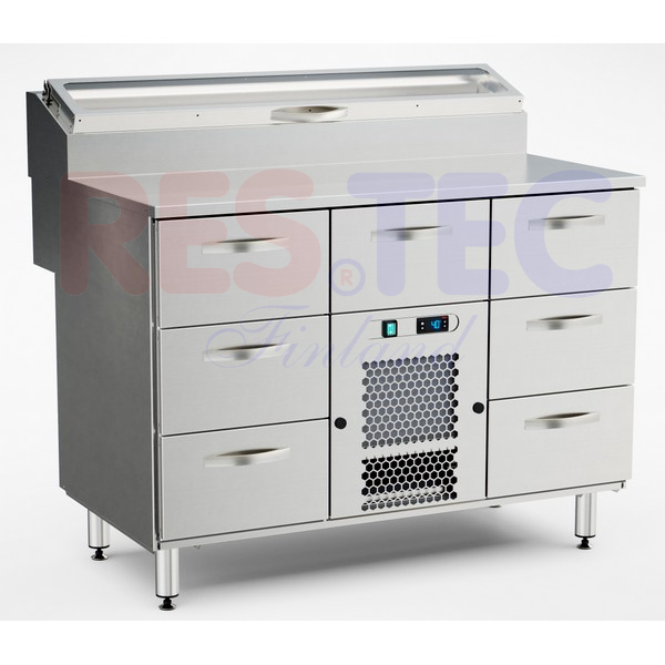 Pizzatyöpöytä 1200x800x900 mm, kylmäkaukalo, 7 laatikkoa