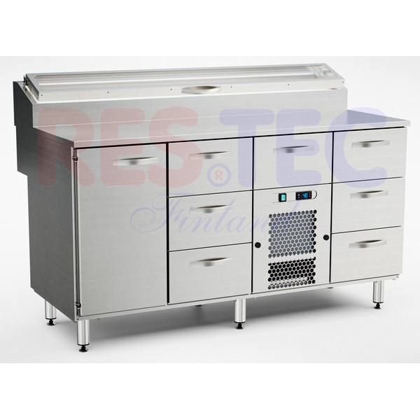 Pizzatyöpöytä 1600x800x900 mm, kaappi GN-johtein, 7 laatikkoa GN1/1-150mm