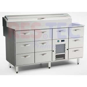 Pizzatyöpöytä 1600x800x900 mm, kylmäkaukalolla, 10 laatikkoa