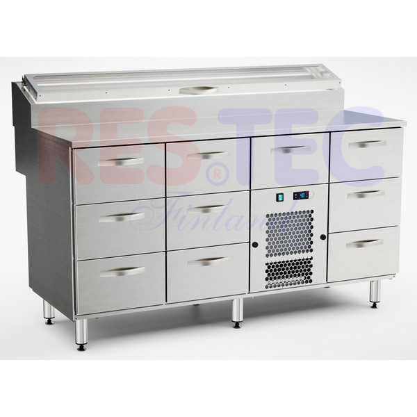 Pizzatyöpöytä 1600x800x900 mm, kylmäkaukalolla, 10 laatikkoa